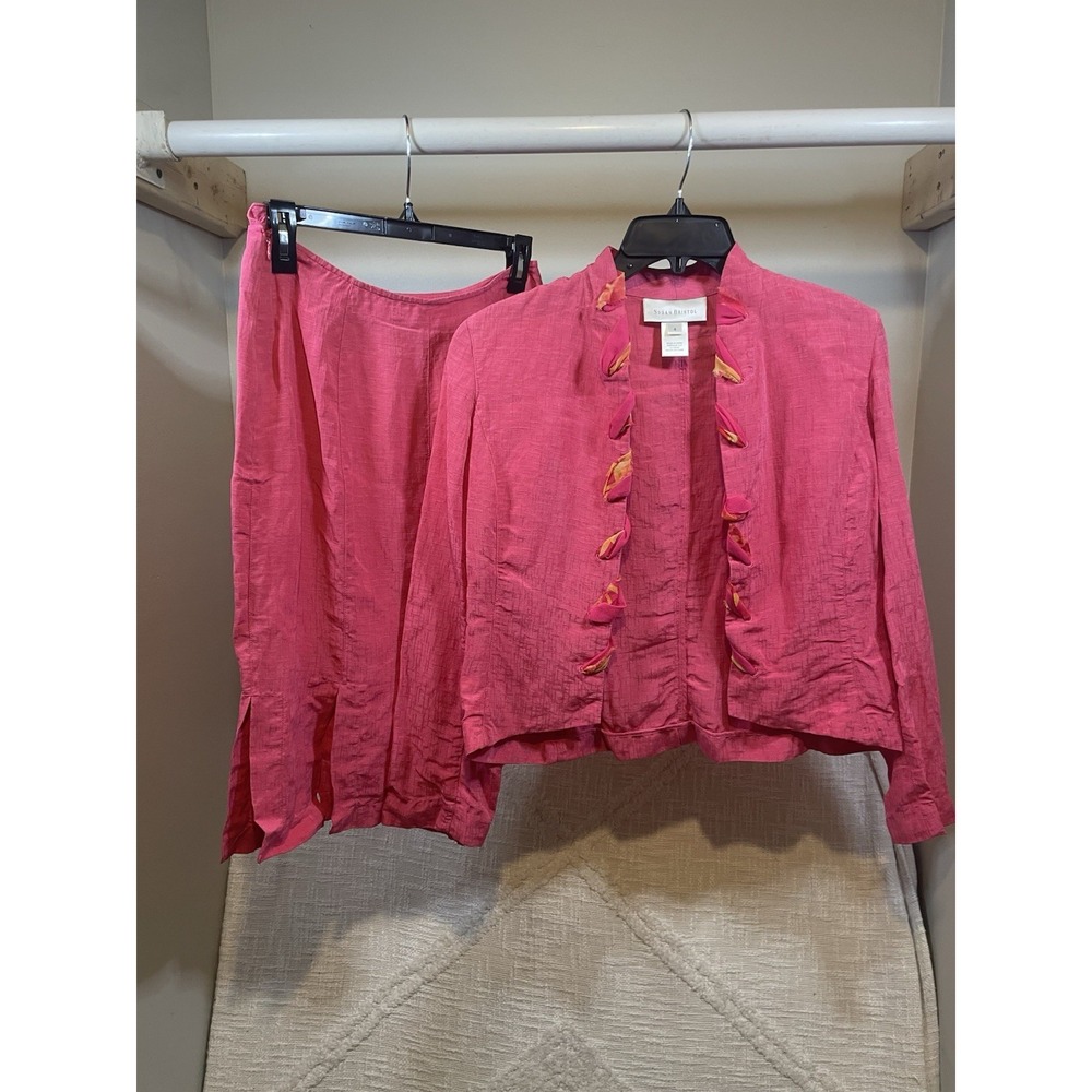 Barbie Pink Silk & Linen Jacket & Skirt Women's 4 Vtg Susan Bristol Quiet Luxury